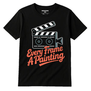 Black Film Director T Shirt - "Every Frame a Painting" graphic tee with orange print, flat lay product photo