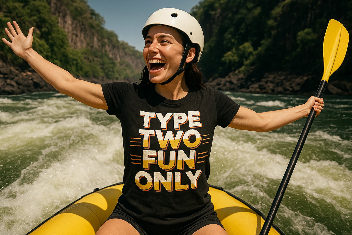 Lifestyle shot of the "Type Two Fun Only" black ghost adventure shirts in a real-world setting