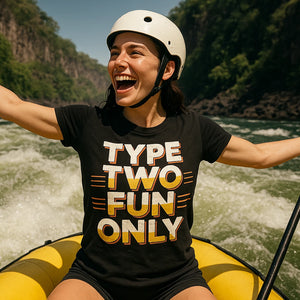Lifestyle shot of the "Type Two Fun Only" black ghost adventure shirts in a real-world setting