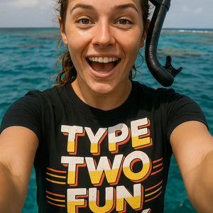 "Type Two Fun Only" black ghost adventure shirts, photographed as gifts for adventure lovers