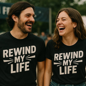 Person wearing the black graphic tee graphic tee - "Rewind My Life" design