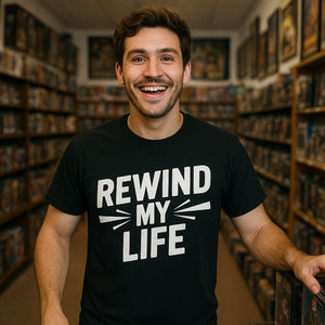 Lifestyle shot of the "Rewind My Life" black graphic tee in a real-world setting