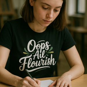 "Oops All Flourish" black calligraphy t shirt, photographed as gifts for calligraphy lovers