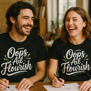 Person wearing the black calligraphy t shirt graphic tee - "Oops All Flourish" design