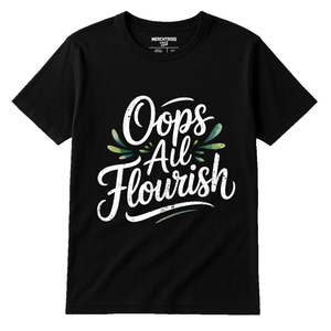 Black Calligraphy T Shirt - "Oops All Flourish" graphic tee with white print, flat lay product photo