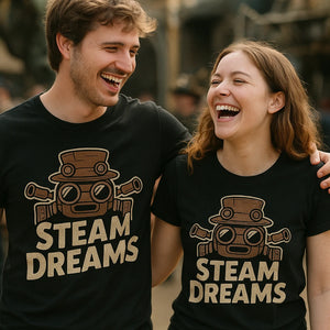 Person wearing the black steampunk shirts graphic tee - "Steam Dreams" design