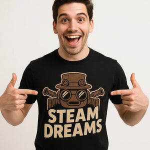 Close-up of the "Steam Dreams" beige print on a premium Bella+Canvas black steampunk shirts