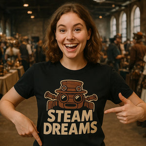 Lifestyle shot of the "Steam Dreams" black steampunk shirts in a real-world setting