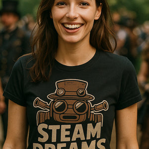 "Steam Dreams" black steampunk shirts, photographed as steampunk lover gift