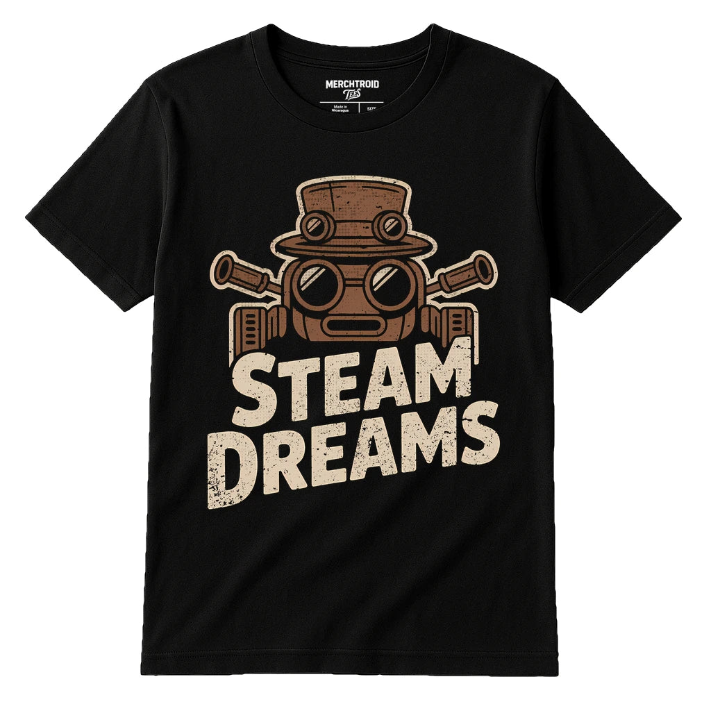 Black Steampunk Shirts - "Steam Dreams" graphic tee with beige print, flat lay product photo
