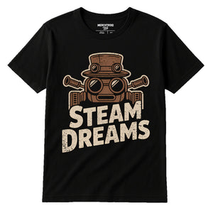 Black Steampunk Shirts - "Steam Dreams" graphic tee with beige print, flat lay product photo