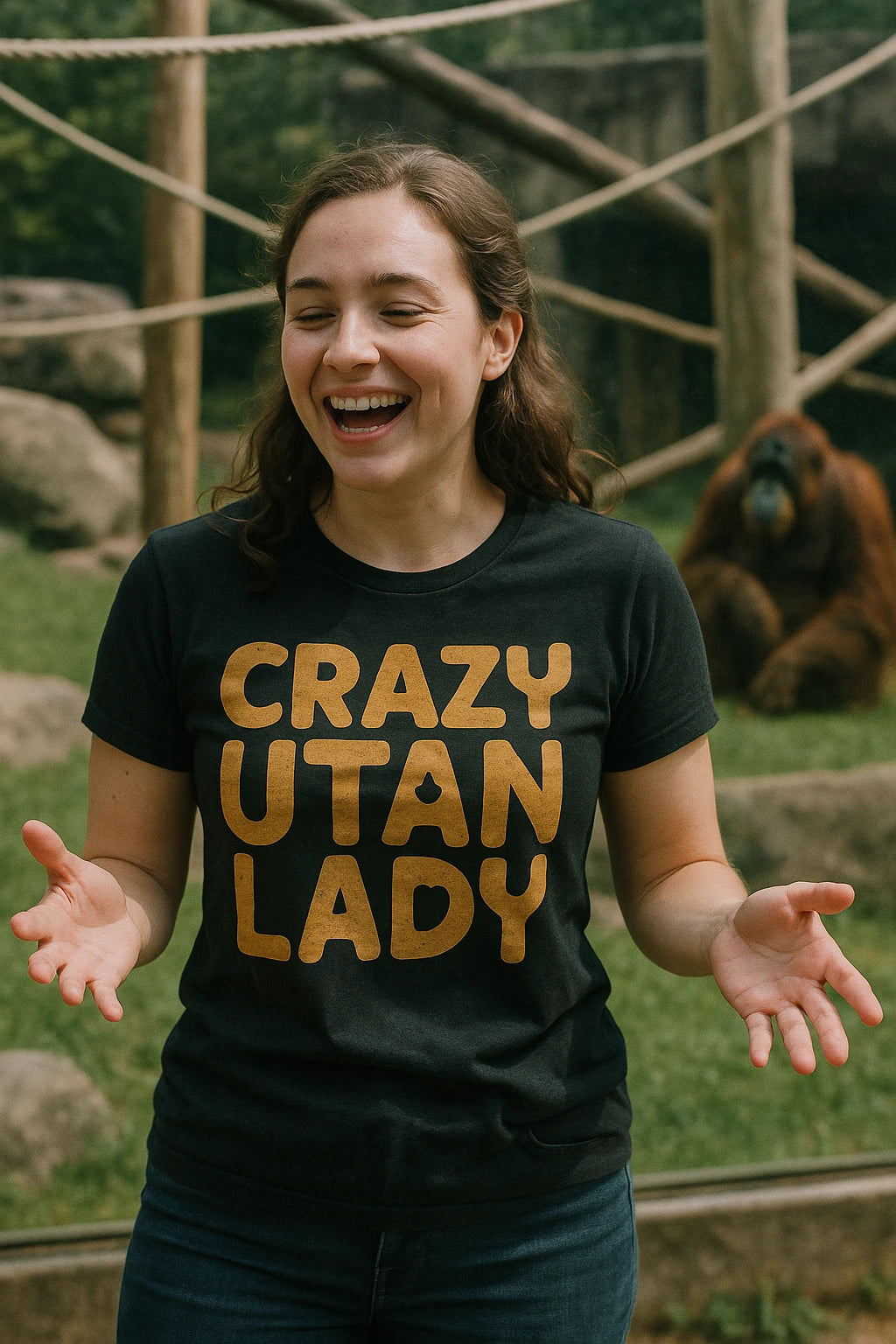 "Crazy Utan Lady" black orangutan shirts, photographed as gifts for orangutan lovers
