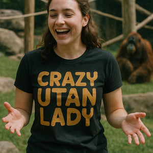 "Crazy Utan Lady" black orangutan shirts, photographed as gifts for orangutan lovers