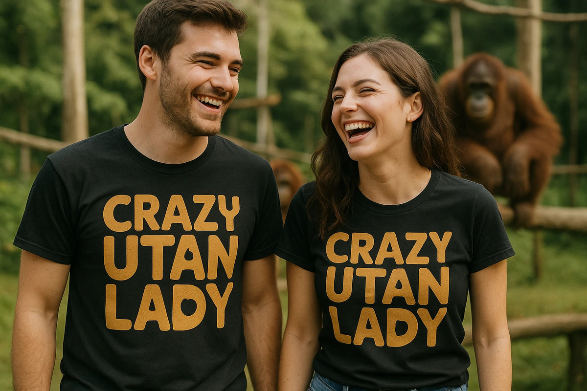 Person wearing the black orangutan shirts graphic tee - "Crazy Utan Lady" design