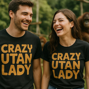 Person wearing the black orangutan shirts graphic tee - "Crazy Utan Lady" design