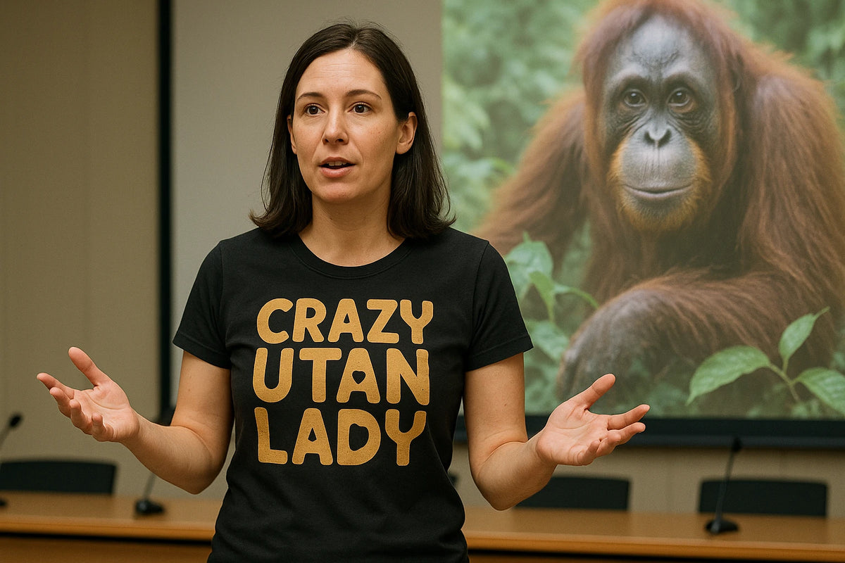 Lifestyle shot of the "Crazy Utan Lady" black orangutan shirts in a real-world setting