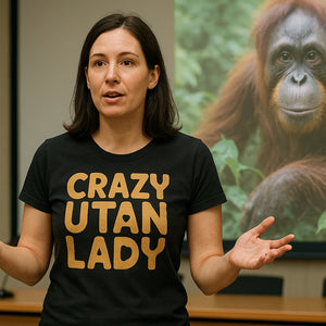 Lifestyle shot of the "Crazy Utan Lady" black orangutan shirts in a real-world setting
