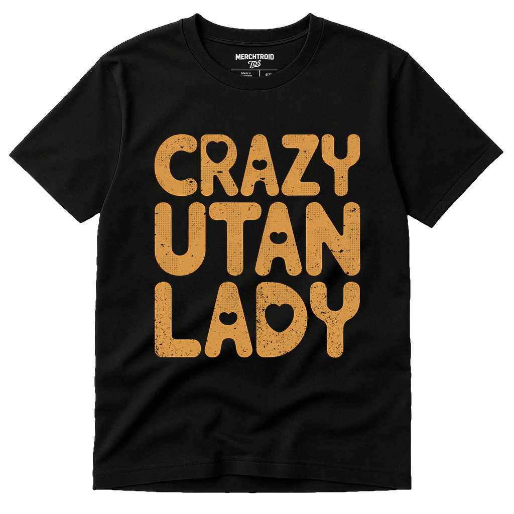 Black Orangutan Shirts - "Crazy Utan Lady" graphic tee with gold print, flat lay product photo