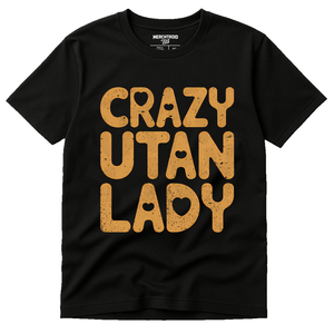Black Orangutan Shirts - "Crazy Utan Lady" graphic tee with gold print, flat lay product photo