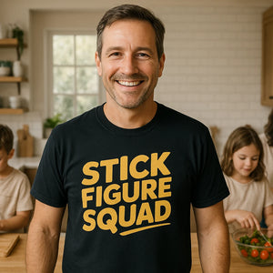 Lifestyle shot of the "Stick Figure Squad" black family life t shirt in a real-world setting