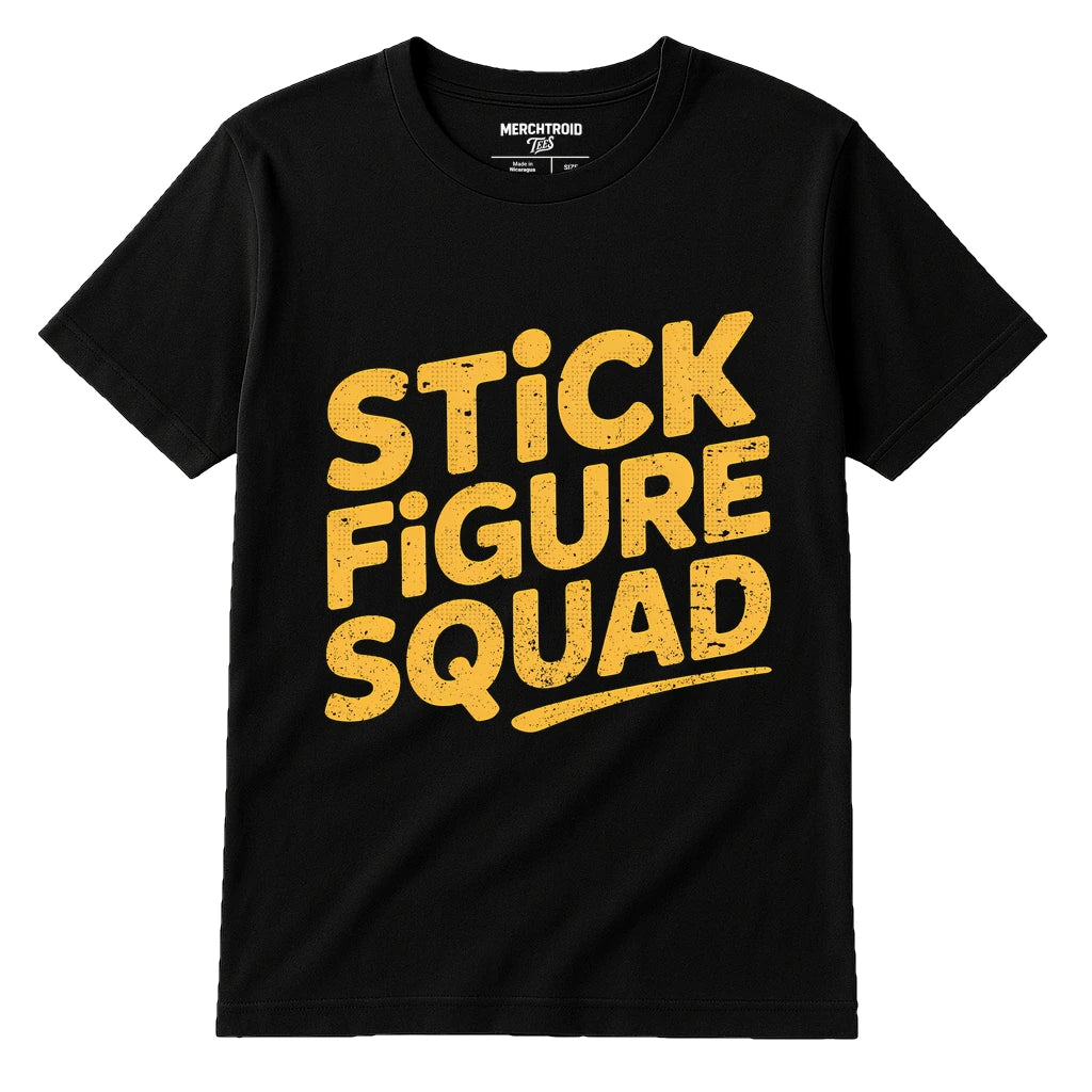 Black Family Life T Shirt - "Stick Figure Squad" graphic tee with yellow print, flat lay product photo