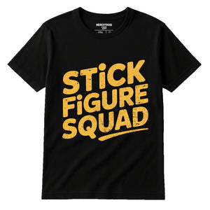 Black Family Life T Shirt - "Stick Figure Squad" graphic tee with yellow print, flat lay product photo