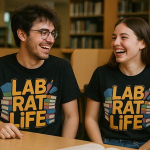 Person wearing the black studying t shirt graphic tee - "Lab Rat Life" design