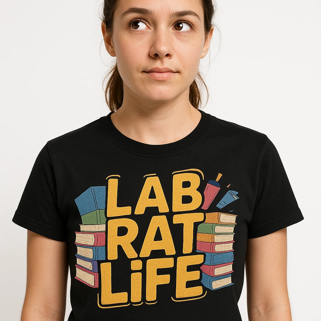 Close-up of the "Lab Rat Life" gold print on a premium Bella+Canvas black studying t shirt