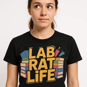 Close-up of the "Lab Rat Life" gold print on a premium Bella+Canvas black studying t shirt