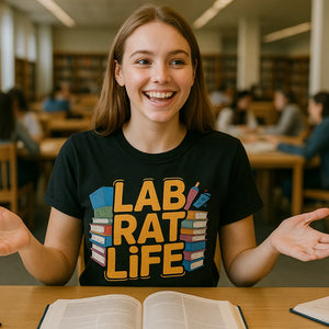 Lifestyle shot of the "Lab Rat Life" black studying t shirt in a real-world setting