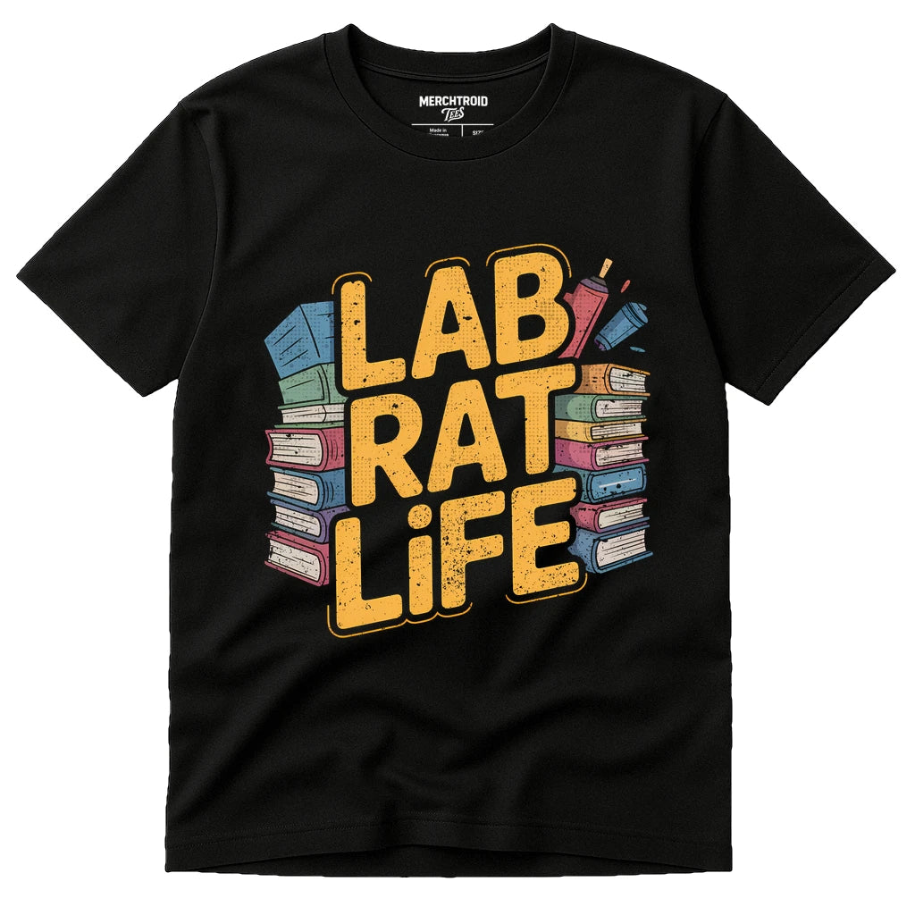 Black Studying T Shirt - "Lab Rat Life" graphic tee with gold print, flat lay product photo