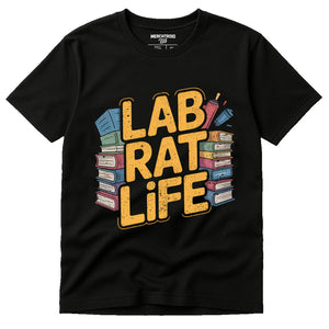 Black Studying T Shirt - "Lab Rat Life" graphic tee with gold print, flat lay product photo
