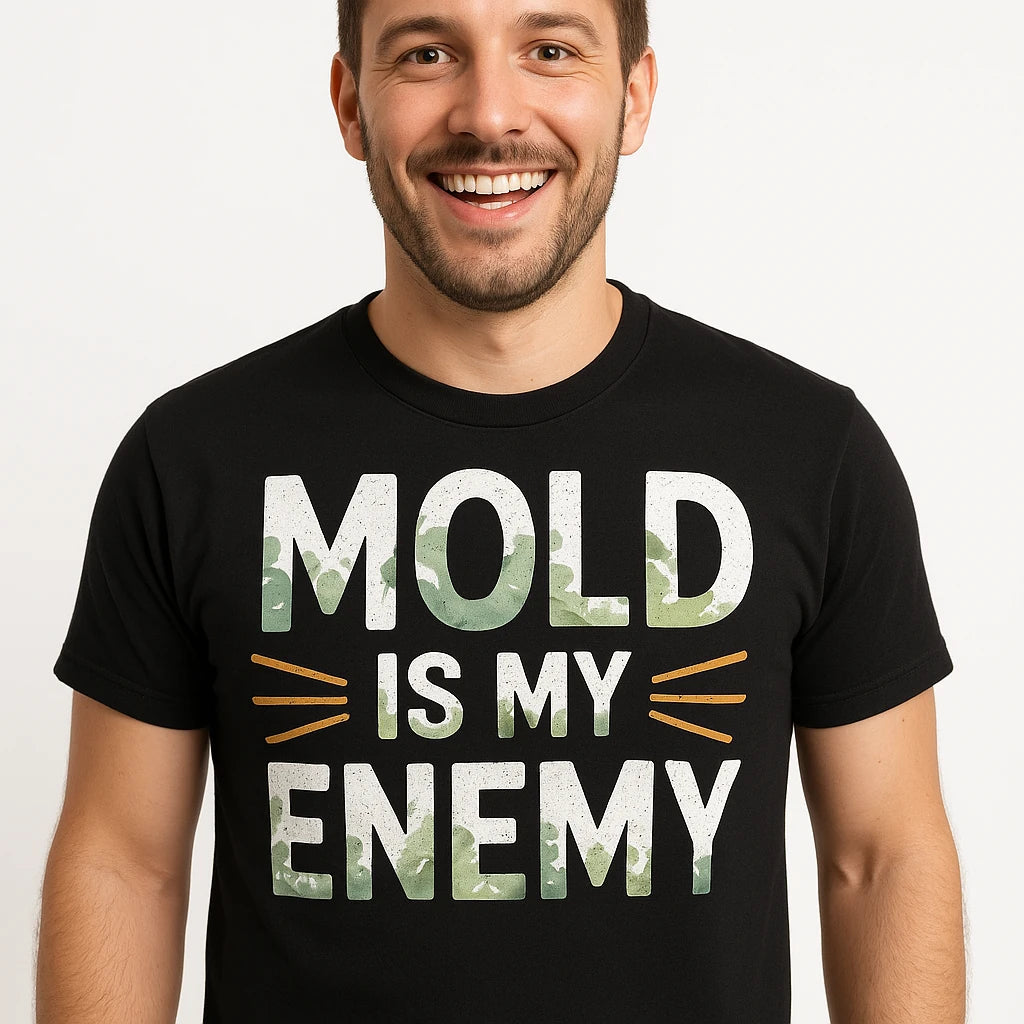 Close-up of the "Mold Is My Enemy" white print on a premium Bella+Canvas black archivist t shirt