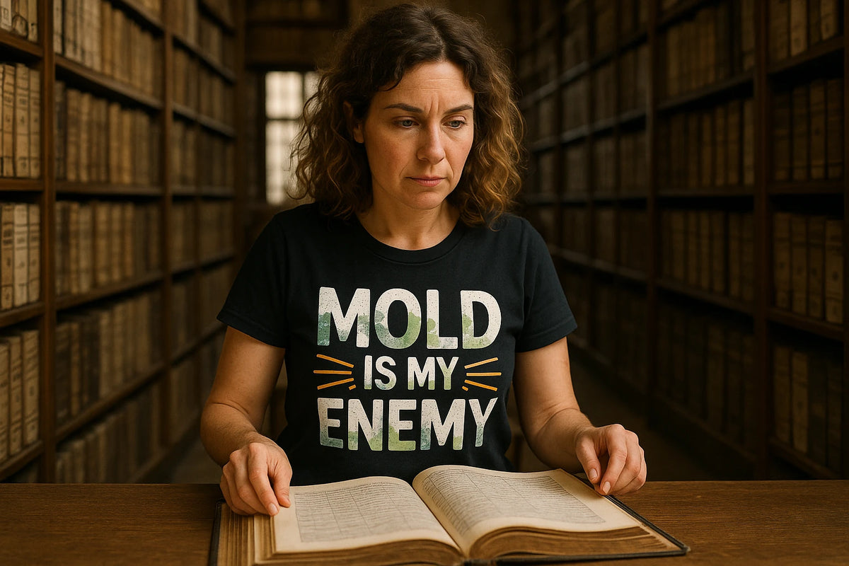 Lifestyle shot of the "Mold Is My Enemy" black archivist t shirt in a real-world setting