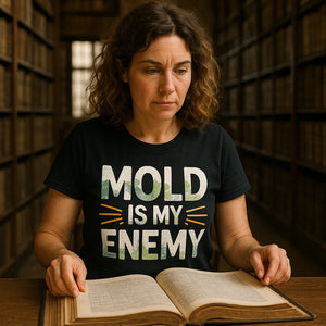 Lifestyle shot of the "Mold Is My Enemy" black archivist t shirt in a real-world setting