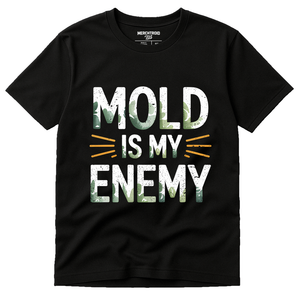 Black Archivist T Shirt - "Mold Is My Enemy" graphic tee with white print, flat lay product photo