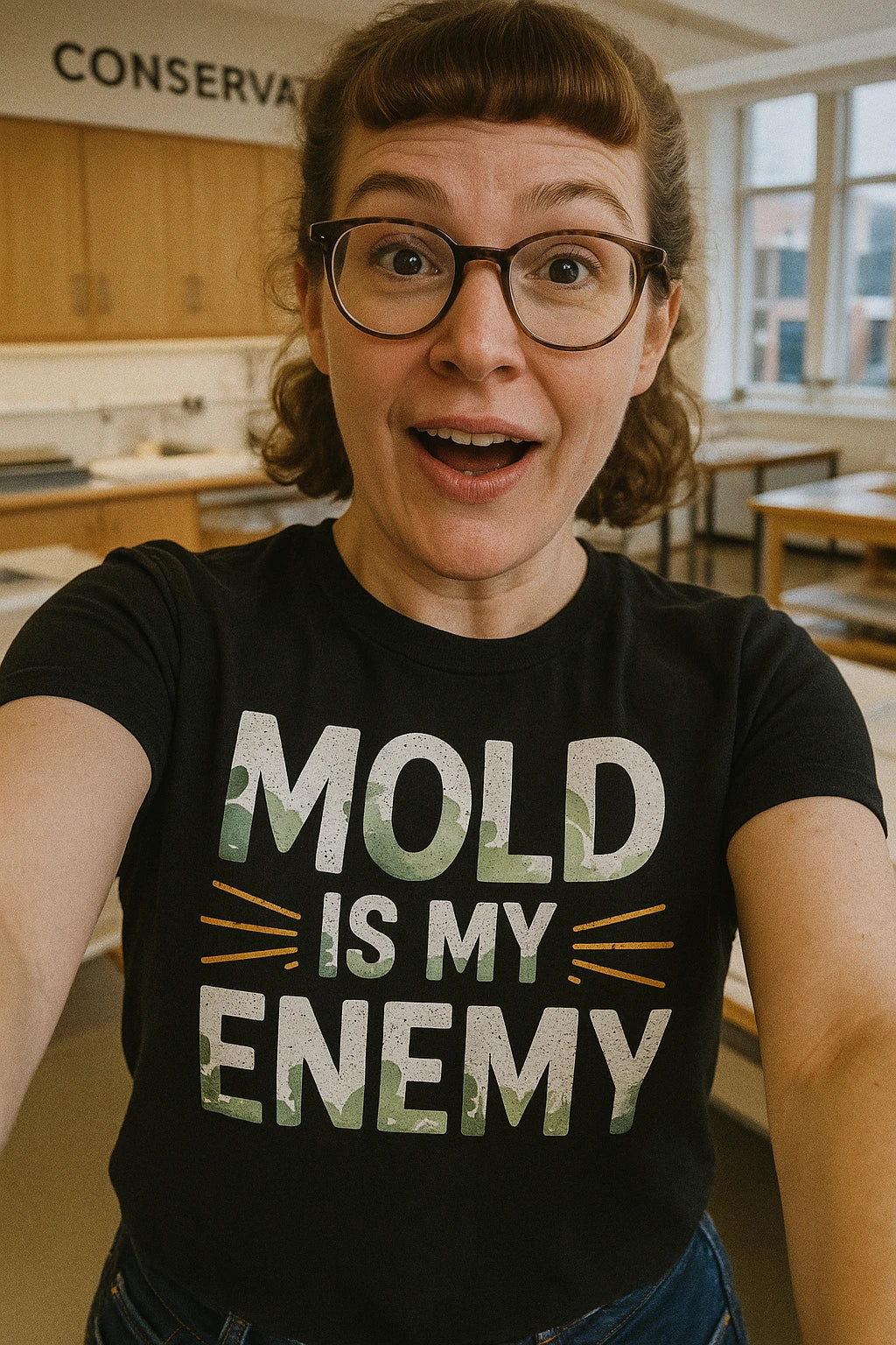 "Mold Is My Enemy" black archivist t shirt, photographed as archivist gift