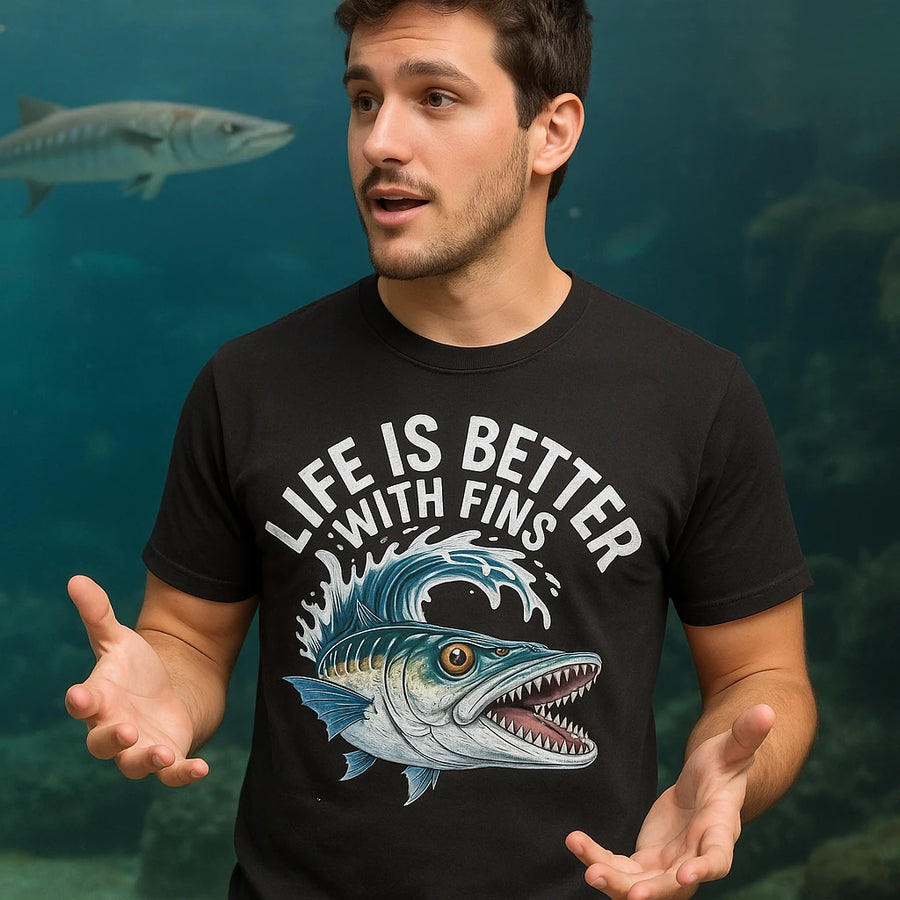 A person wearing a black T-shirt with a colorful graphic of a fish and the text "LIFE IS BETTER WITH FINS" stands in front of an aquarium backdrop featuring a large fish swimming. The person appears to be gesturing with their hands.
