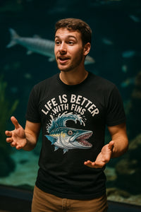 A person with short hair and facial hair is speaking or gesturing with their hands. They are wearing a black T-shirt featuring a large illustration of a fish with sharp teeth. The background appears to be an aquarium with blurry underwater scenery and a visible fish.
