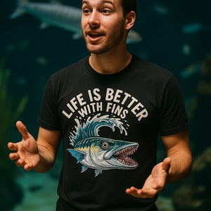 "Life Is Better With Fins" black heart barracuda t shirt - a birthday gift for barracuda lover