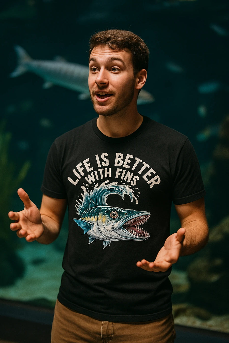 A person with short hair and facial hair is speaking or gesturing with their hands. They are wearing a black T-shirt featuring a large illustration of a fish with sharp teeth. The background appears to be an aquarium with blurry underwater scenery and a visible fish.