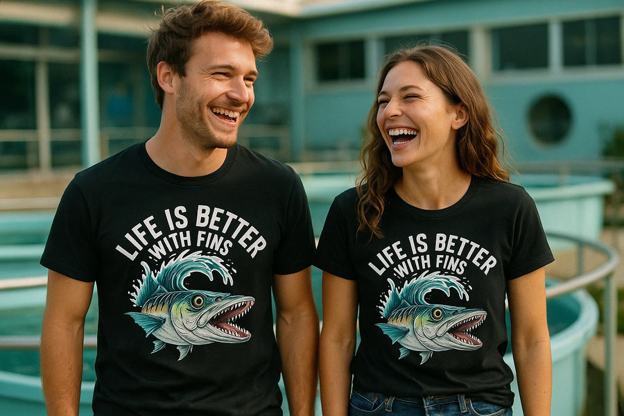 A man and a woman stand outside, both laughing and looking at each other. They are wearing matching black T-shirts with an illustration of a fish and the text "LIFE IS BETTER WITH FINS". The background shows a building with large windows and a railing in what appears to be an outdoor setting.