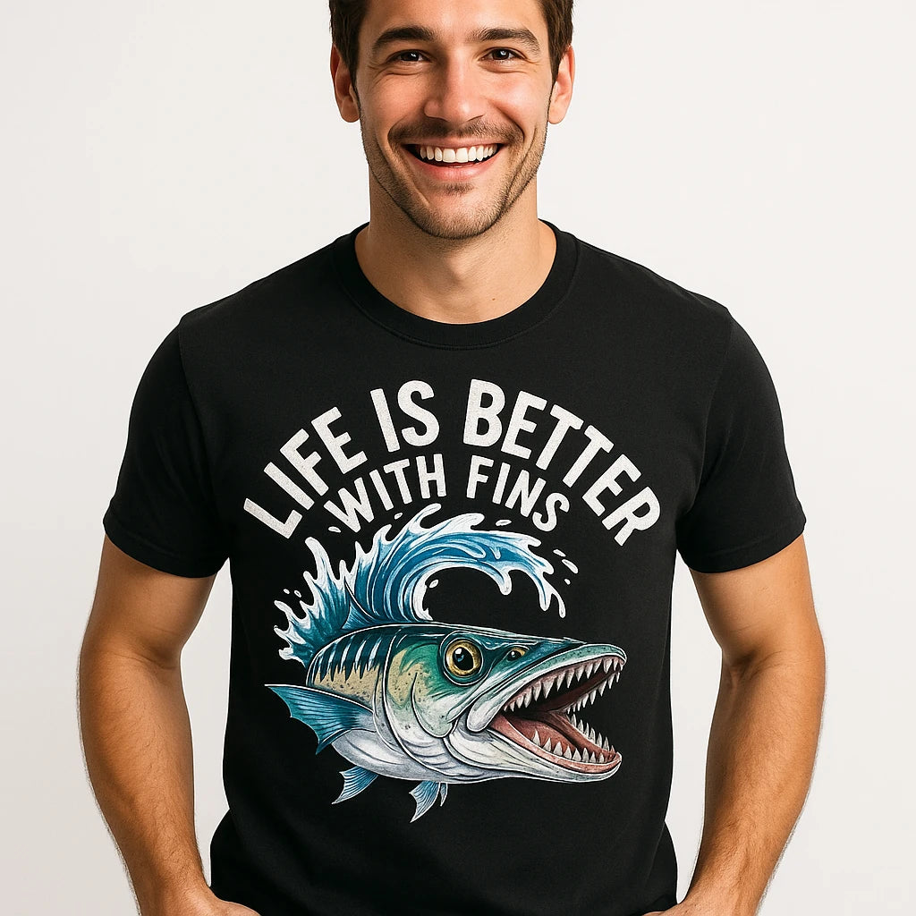 A smiling person wearing a black T-shirt with the text "LIFE IS BETTER WITH FINS" and an illustration of a fish with large fins. The background is plain white.