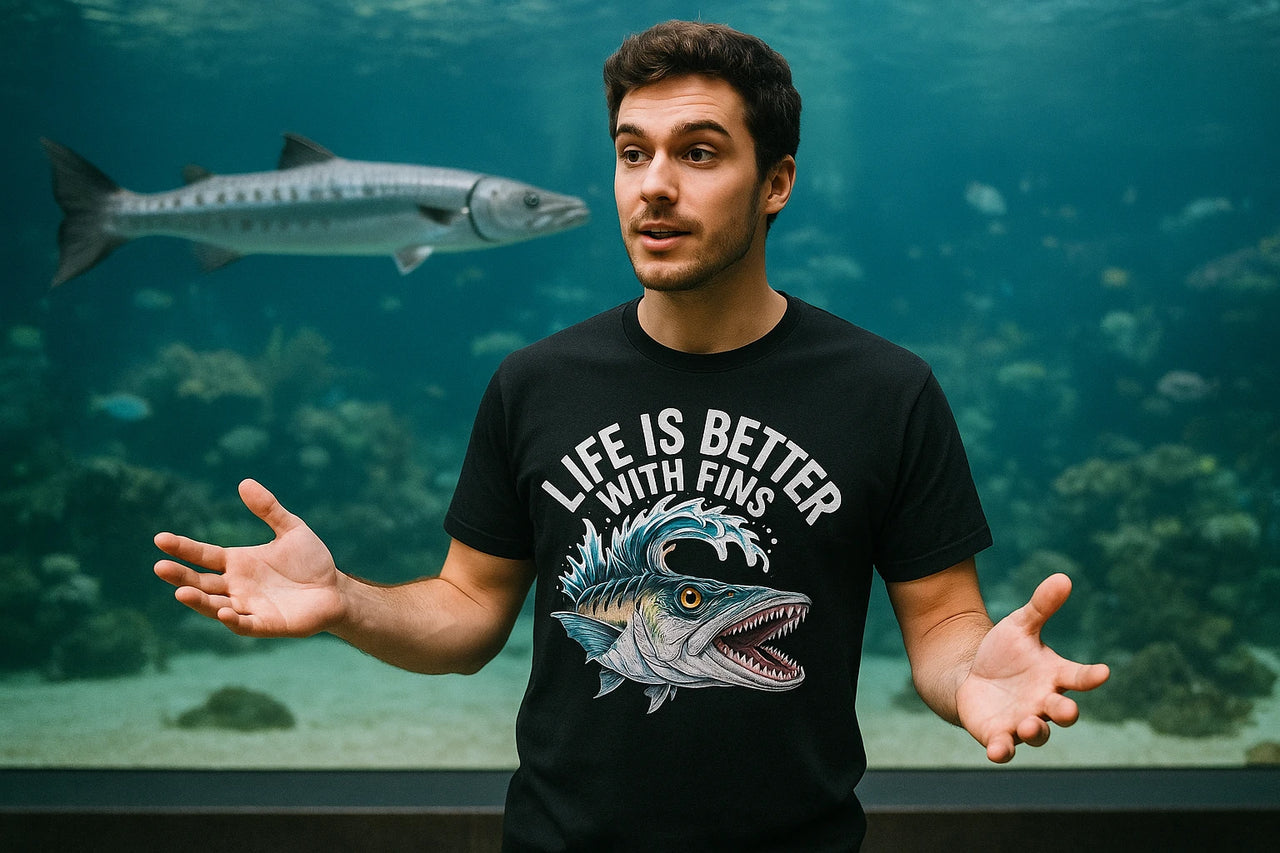 A person stands in front of a large aquarium tank, wearing a black T-shirt with a graphic of a fish and the text "LIFE IS BETTER WITH FINS." They have short dark hair and are gesturing with their hands. A fish swims in the background.