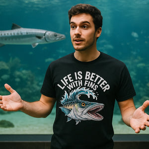 Lifestyle shot of the "Life Is Better With Fins" black heart barracuda t shirt in a real-world setting