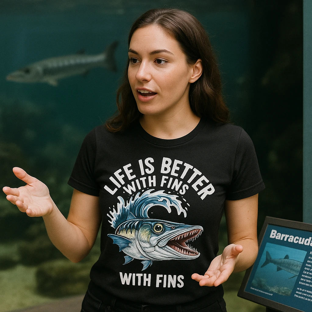 A person with long brown hair is wearing a black T-shirt depicting a large fish and the text "LIFE IS BETTER WITH FINS WITH FINS." They appear to be speaking or explaining something, using hand gestures. In the background, there is a tank with a fish and an informational sign about barracudas.