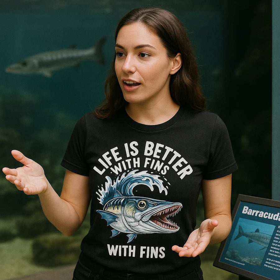 A person with long brown hair is wearing a black T-shirt depicting a large fish and the text "LIFE IS BETTER WITH FINS WITH FINS." They appear to be speaking or explaining something, using hand gestures. In the background, there is a tank with a fish and an informational sign about barracudas.