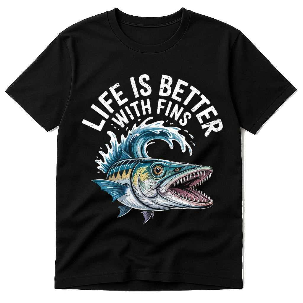 A black t-shirt featuring an illustration of a fierce-looking fish with sharp teeth and a splash of water around it. The design is colorful, with shades of blue and yellow on the fish.
