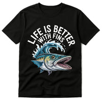 A black t-shirt featuring an illustration of a fierce-looking fish with sharp teeth and a splash of water around it. The design is colorful, with shades of blue and yellow on the fish.