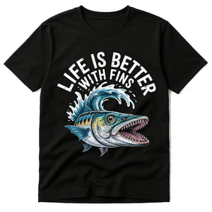 Black Heart Barracuda T Shirt - "Life Is Better With Fins" graphic tee with cream print, flat lay product photo